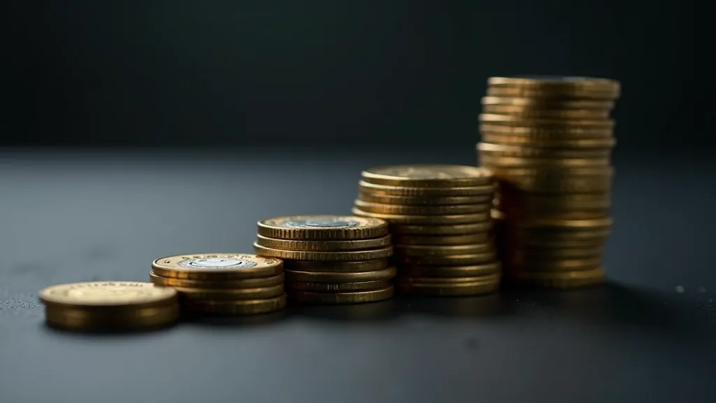 Řada mincí v progressivním trendu zobrazující ekonomickou trajektorii
