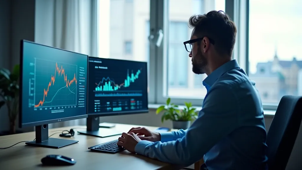Finanční analytik pracující na počítači s grafy a čísly na monitoru, pracovní plocha se statistickými daty