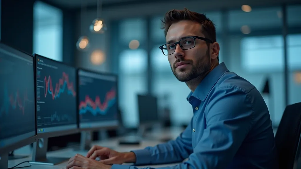 Finanční analytik pracující s ekonomickými daty na počítači v moderní kanceláři