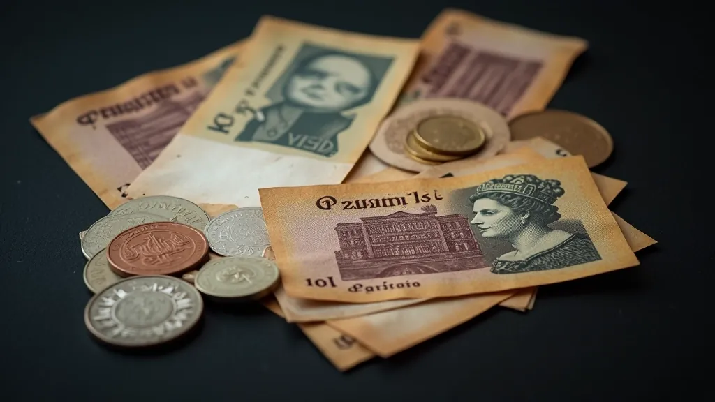 Historické české bankovky a mince na tmavém pozadí, symbol monetární politiky