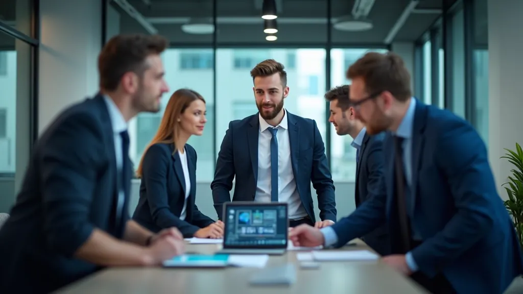 Lidé v moderní fintech kanceláři diskutují o aplikacích a digitálních řešeních